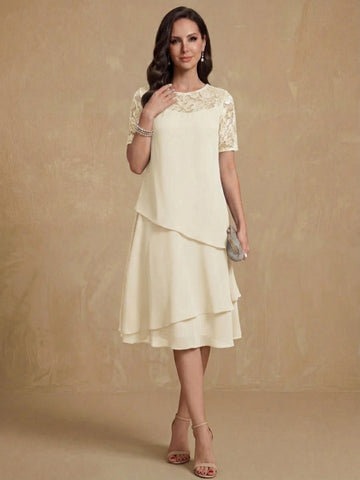 A-Line/Princess Jewel Neck Short Sleeves Knee-Length Mother of the Bride & Groom Dresses with Ruffles & Lace Appliques & Sequins