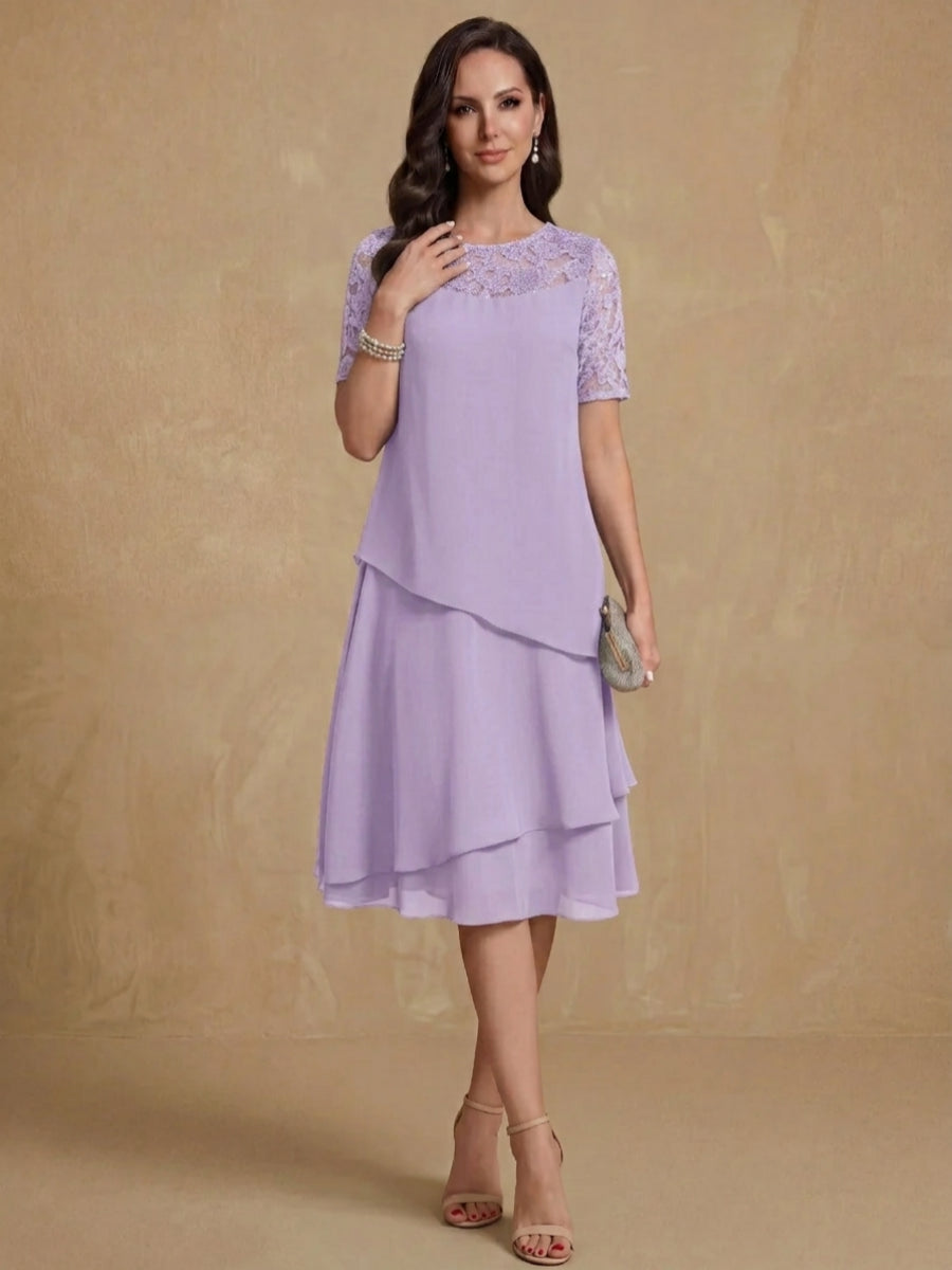A-Line/Princess Jewel Neck Short Sleeves Knee-Length Mother of the Bride & Groom Dresses with Ruffles & Lace Appliques & Sequins