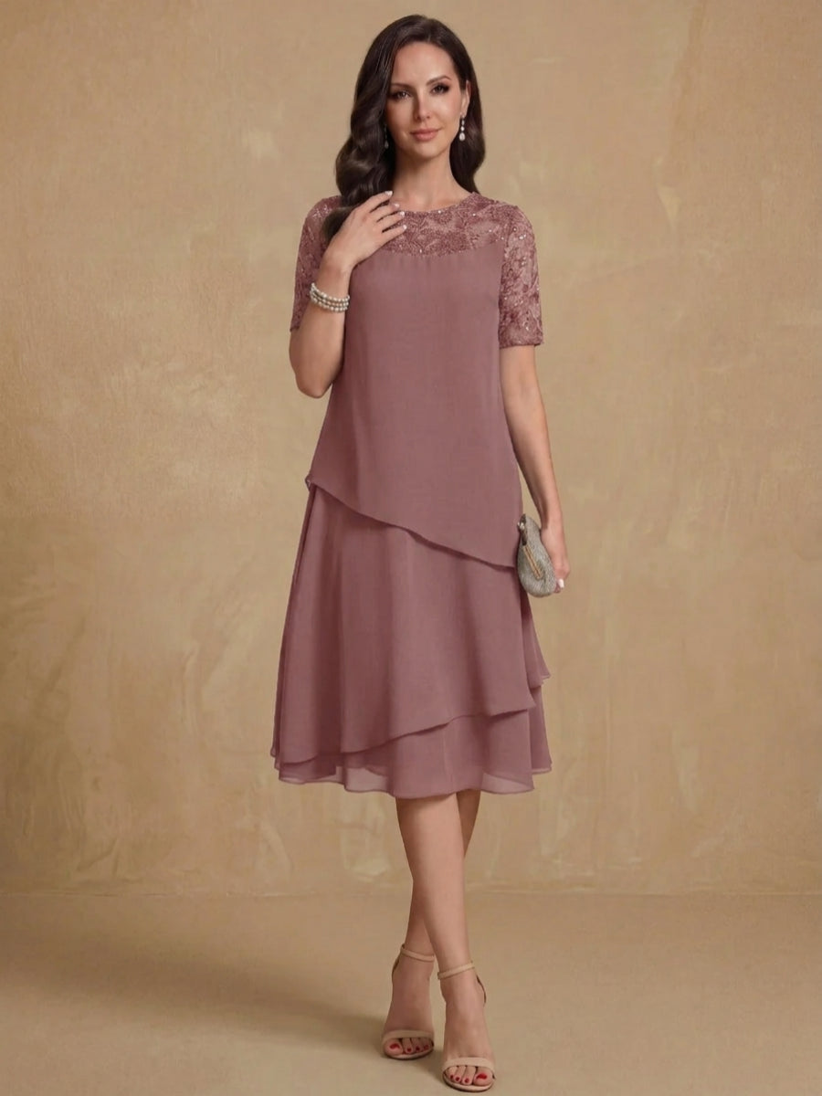 A-Line/Princess Jewel Neck Short Sleeves Knee-Length Mother of the Bride & Groom Dresses with Ruffles & Lace Appliques & Sequins