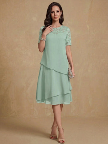 A-Line/Princess Jewel Neck Short Sleeves Knee-Length Mother of the Bride & Groom Dresses with Ruffles & Lace Appliques & Sequins