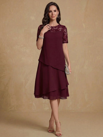 A-Line/Princess Jewel Neck Short Sleeves Knee-Length Mother of the Bride & Groom Dresses with Ruffles & Lace Appliques & Sequins