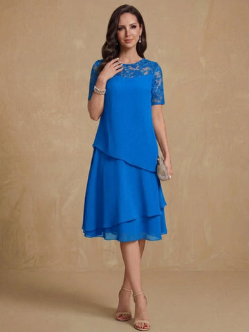 A-Line/Princess Jewel Neck Short Sleeves Knee-Length Mother of the Bride & Groom Dresses with Ruffles & Lace Appliques & Sequins