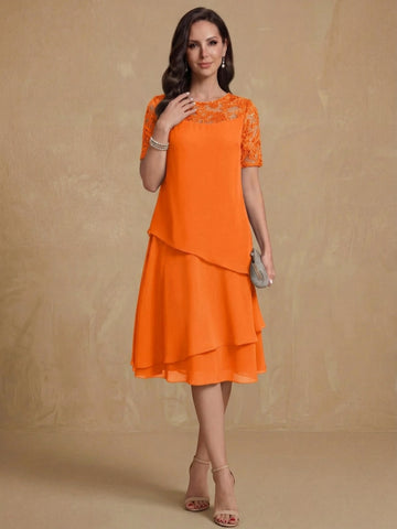 A-Line/Princess Jewel Neck Short Sleeves Knee-Length Mother of the Bride & Groom Dresses with Ruffles & Lace Appliques & Sequins