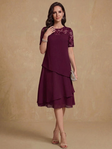 A-Line/Princess Jewel Neck Short Sleeves Knee-Length Mother of the Bride & Groom Dresses with Ruffles & Lace Appliques & Sequins