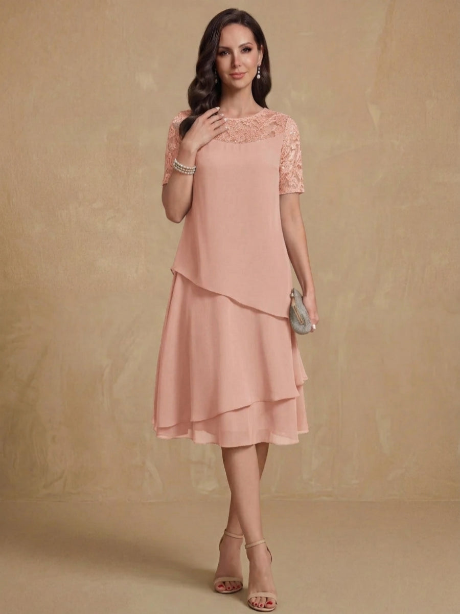A-Line/Princess Jewel Neck Short Sleeves Knee-Length Mother of the Bride & Groom Dresses with Ruffles & Lace Appliques & Sequins