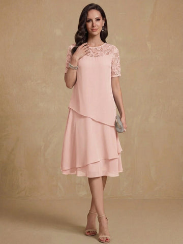 A-Line/Princess Jewel Neck Short Sleeves Knee-Length Mother of the Bride & Groom Dresses with Ruffles & Lace Appliques & Sequins