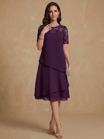 A-Line/Princess Jewel Neck Short Sleeves Knee-Length Mother of the Bride & Groom Dresses with Ruffles & Lace Appliques & Sequins
