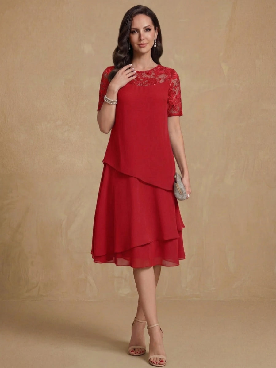 A-Line/Princess Jewel Neck Short Sleeves Knee-Length Mother of the Bride & Groom Dresses with Ruffles & Lace Appliques & Sequins