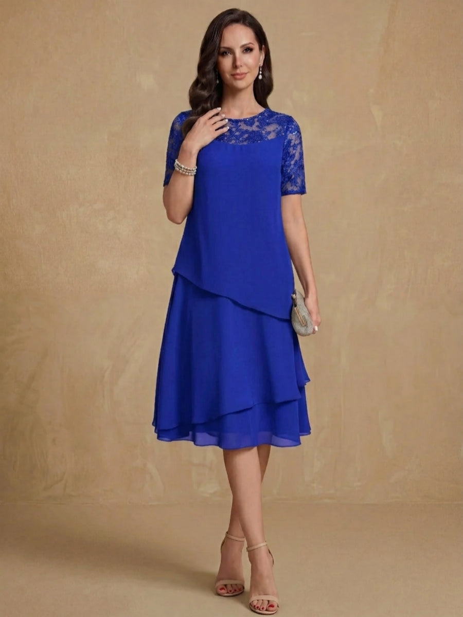 A-Line/Princess Jewel Neck Short Sleeves Knee-Length Mother of the Bride & Groom Dresses with Ruffles & Lace Appliques & Sequins