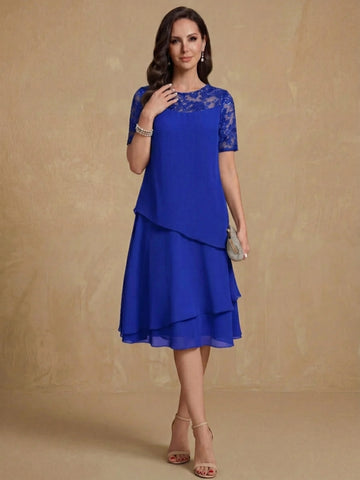 A-Line/Princess Jewel Neck Short Sleeves Knee-Length Mother of the Bride & Groom Dresses with Ruffles & Lace Appliques & Sequins