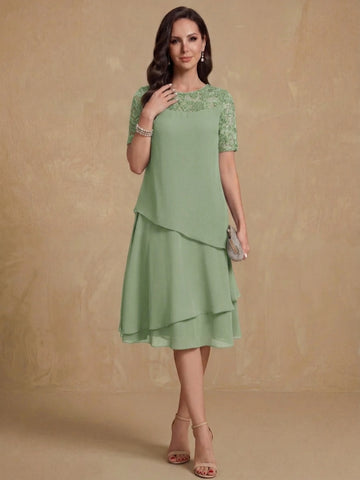 A-Line/Princess Jewel Neck Short Sleeves Knee-Length Mother of the Bride & Groom Dresses with Ruffles & Lace Appliques & Sequins