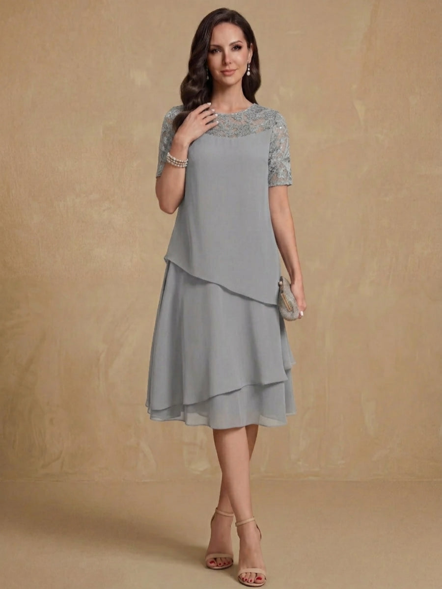 A-Line/Princess Jewel Neck Short Sleeves Knee-Length Mother of the Bride & Groom Dresses with Ruffles & Lace Appliques & Sequins