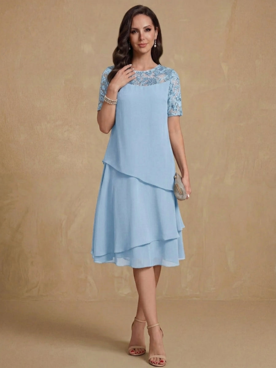 A-Line/Princess Jewel Neck Short Sleeves Knee-Length Mother of the Bride & Groom Dresses with Ruffles & Lace Appliques & Sequins