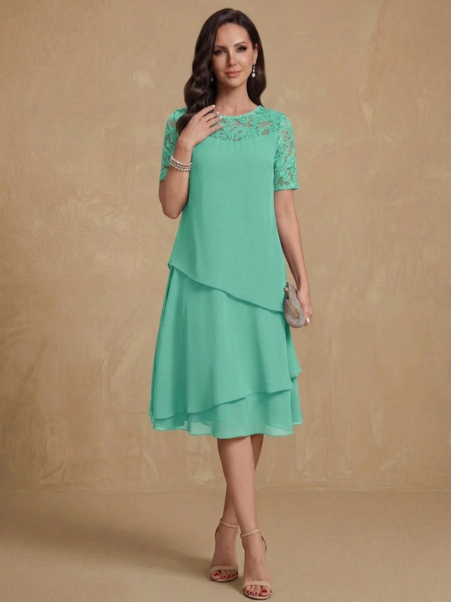 A-Line/Princess Jewel Neck Short Sleeves Knee-Length Mother of the Bride & Groom Dresses with Ruffles & Lace Appliques & Sequins