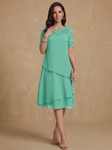 A-Line/Princess Jewel Neck Short Sleeves Knee-Length Mother of the Bride & Groom Dresses with Ruffles & Lace Appliques & Sequins