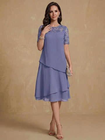 A-Line/Princess Jewel Neck Short Sleeves Knee-Length Mother of the Bride & Groom Dresses with Ruffles & Lace Appliques & Sequins