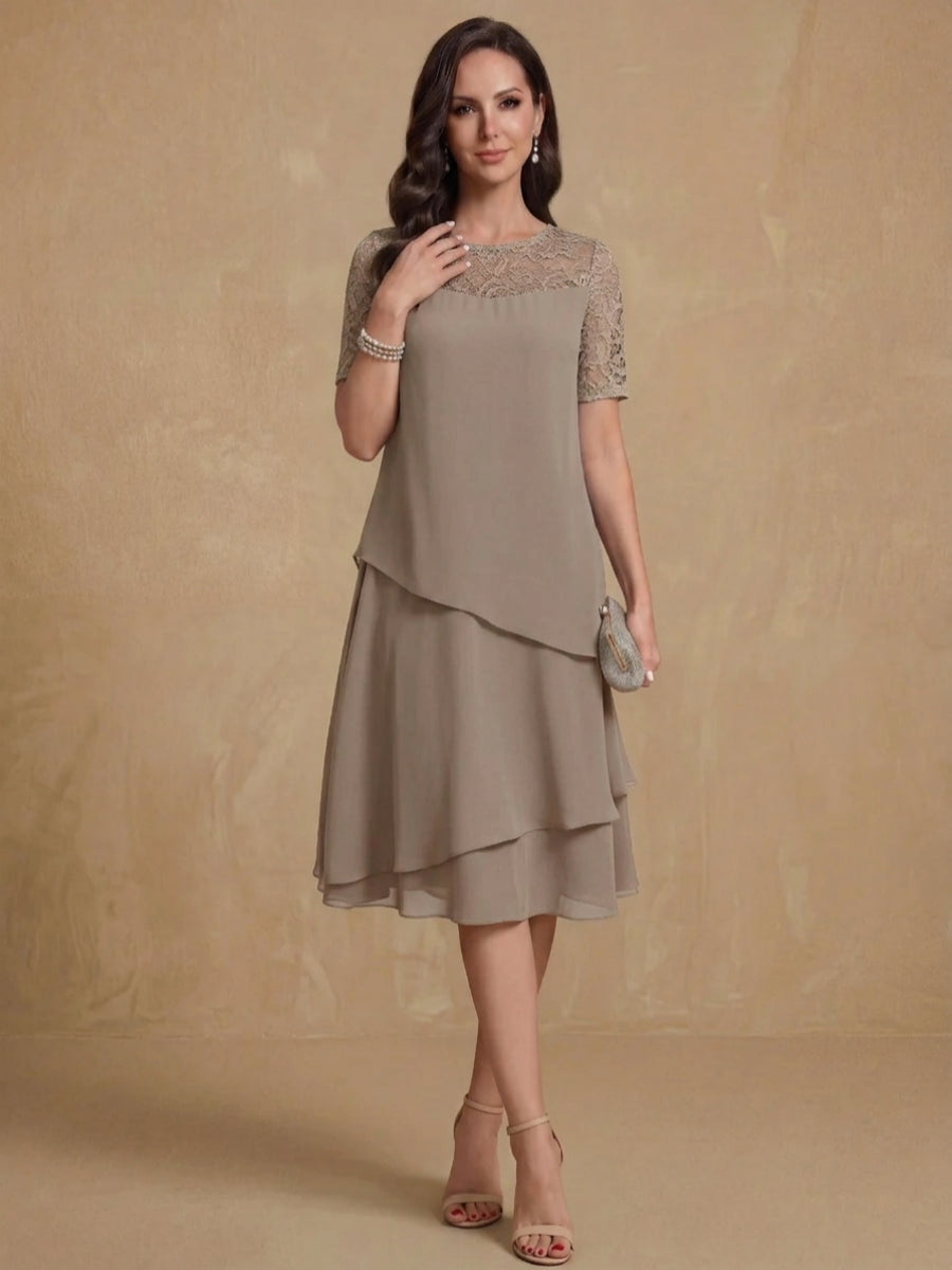 A-Line/Princess Jewel Neck Short Sleeves Knee-Length Mother of the Bride & Groom Dresses with Ruffles & Lace Appliques & Sequins