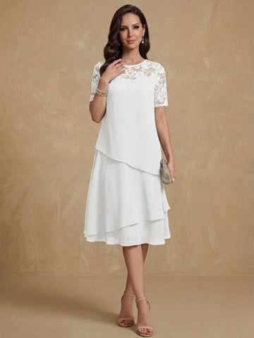 A-Line/Princess Jewel Neck Short Sleeves Knee-Length Mother of the Bride & Groom Dresses with Ruffles & Lace Appliques & Sequins