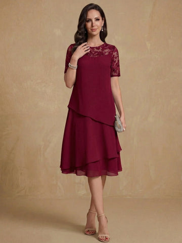 A-Line/Princess Jewel Neck Short Sleeves Knee-Length Mother of the Bride & Groom Dresses with Ruffles & Lace Appliques & Sequins