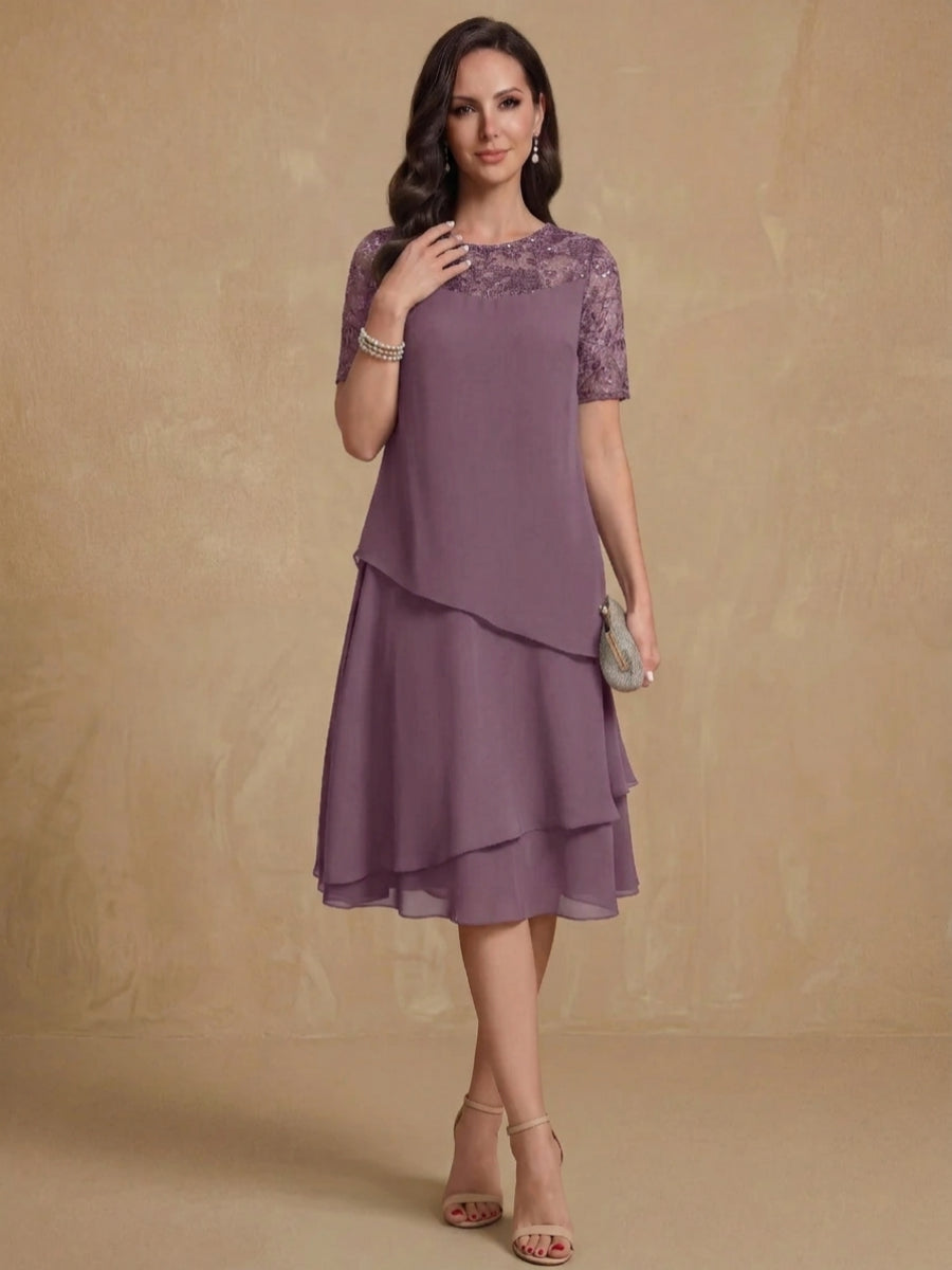 A-Line/Princess Jewel Neck Short Sleeves Knee-Length Mother of the Bride & Groom Dresses with Ruffles & Lace Appliques & Sequins