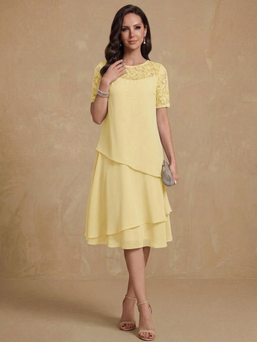 A-Line/Princess Jewel Neck Short Sleeves Knee-Length Mother of the Bride & Groom Dresses with Ruffles & Lace Appliques & Sequins