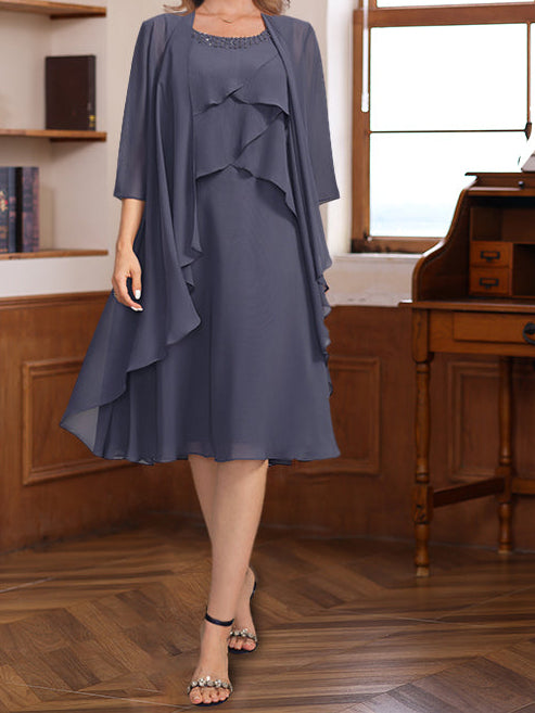 A-Line/Princess Scoop Knee-Length Mother of the Bride & Groom Dresses with Jacket & Beads & Ruffles