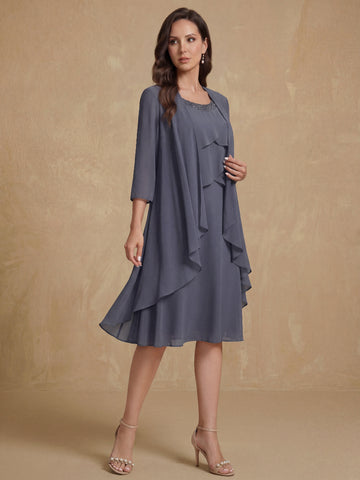 A-Line/Princess Scoop Knee-Length Mother of the Bride & Groom Dresses with Jacket & Beads & Ruffles