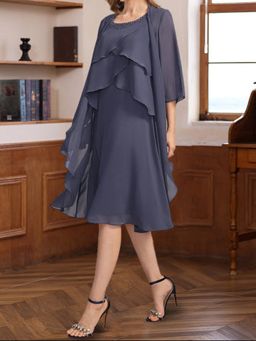 A-Line/Princess Scoop Knee-Length Mother of the Bride & Groom Dresses with Jacket & Beads & Ruffles