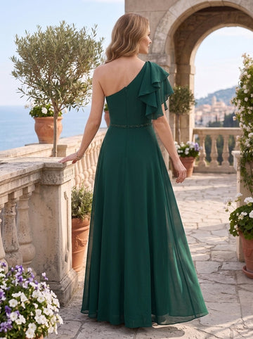 A-Line/Princess One-shoulder Floor-Length Mother of the Bride Dresses with Sash & Ruffled Sleeve