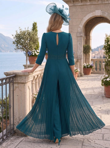 Plunge V-Neck 3/4 Sleeves Ankle-Length Mother of the Bride Jumpsuit with Beads & Pleated Watteau Train