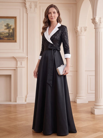 A-Line/Princess Shirt Collar 3/4 Sleeves Floor-Length Mother of the Bride Dresses with Sequins & Self-tie Sash & Pocket?