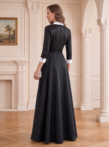 A-Line/Princess Shirt Collar 3/4 Sleeves Floor-Length Mother of the Bride Dresses with Sequins & Self-tie Sash & Pocket?