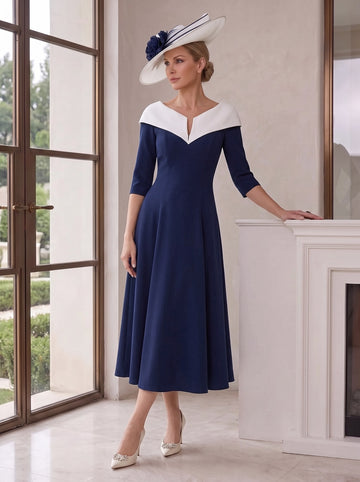 A-Line/Princess V-Neck Half Sleeves Tea-Length Mother of the Bride Dresses with Pleats