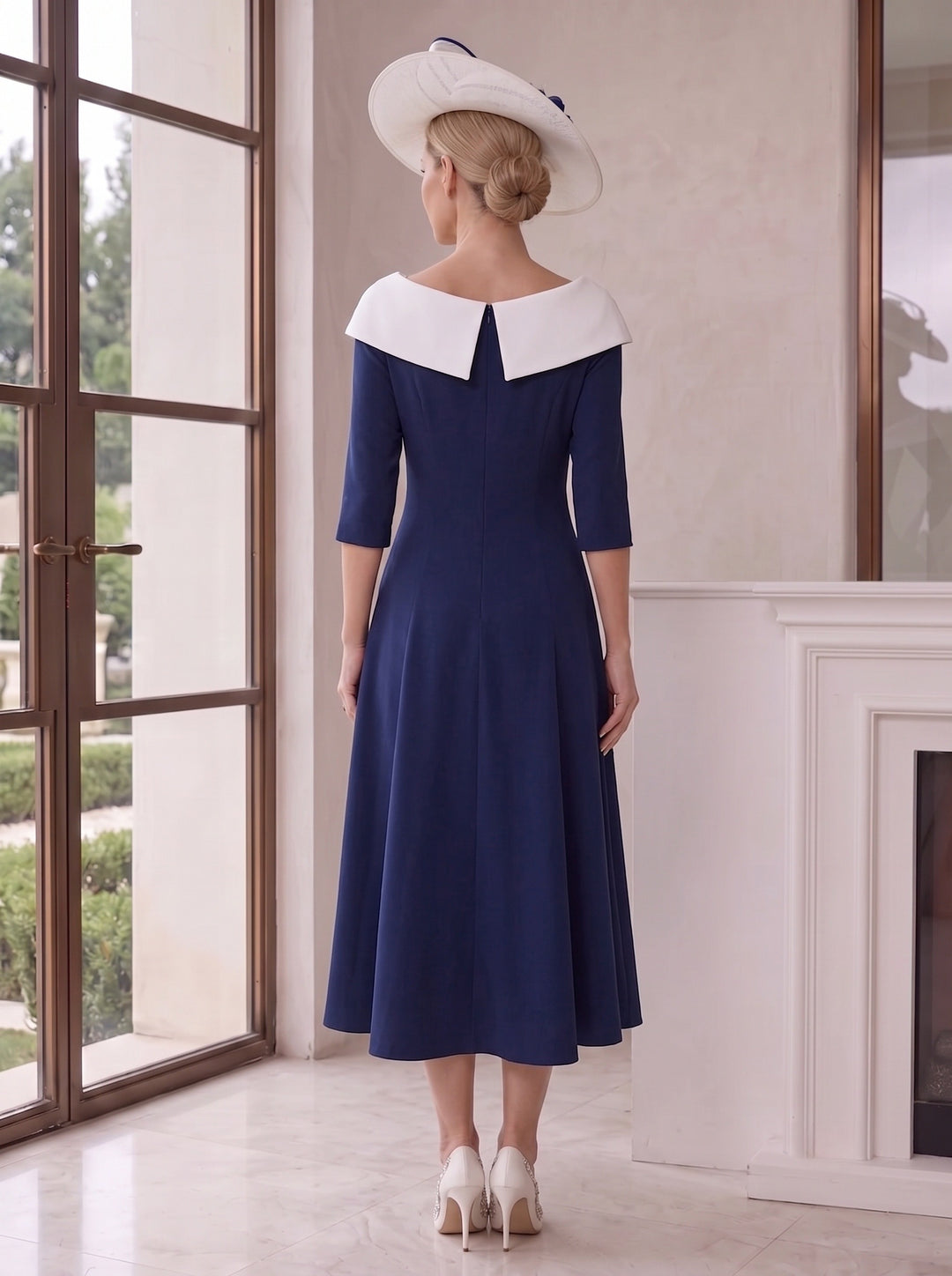 A-Line/Princess V-Neck Half Sleeves Tea-Length Mother of the Bride Dresses with Pleats