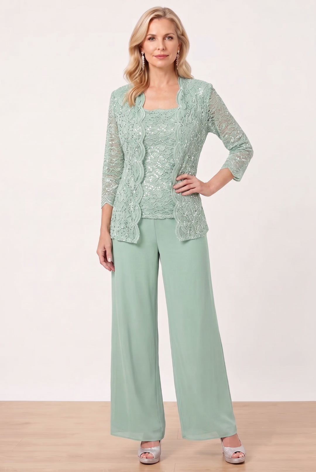 3 Pieces Square Neck 3/4 Sleeves Floor-Length Mother of the Bride Pantsuits with Sequins