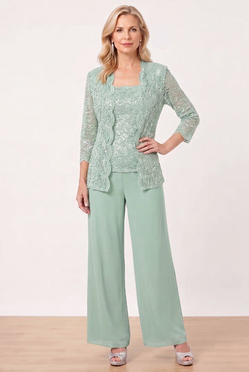 3 Pieces Square Neck 3/4 Sleeves Floor-Length Mother of the Bride Pantsuits with Sequins