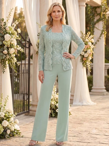 3 Pieces Square Neck 3/4 Sleeves Floor-Length Mother of the Bride Pantsuits with Sequins