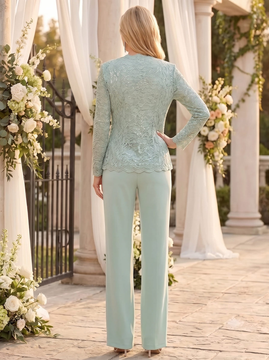 3 Pieces Square Neck 3/4 Sleeves Floor-Length Mother of the Bride Pantsuits with Sequins