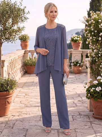 3 Pieces Scoop Sleeveless Floor-Length Mother of the Bride Pantsuits with Jacket