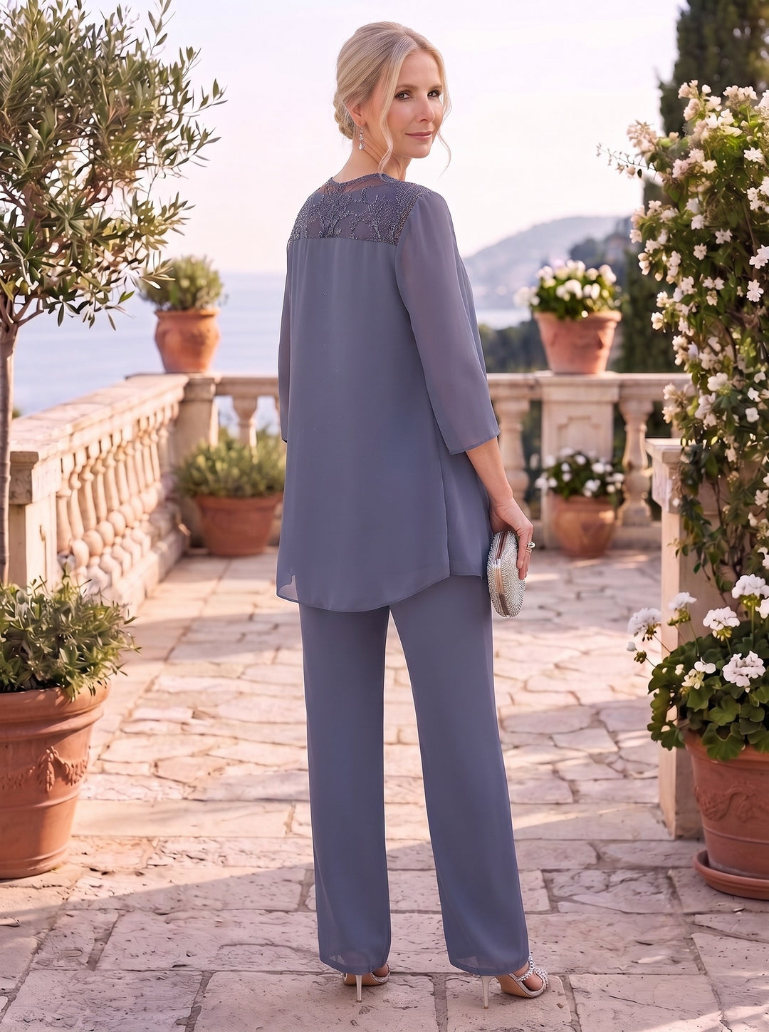 3 Pieces Scoop Sleeveless Floor-Length Mother of the Bride Pantsuits with Jacket