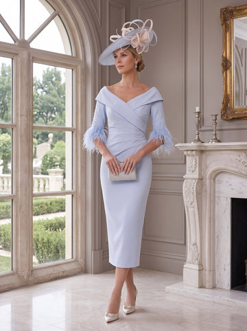 Sheath/Column V-Neck Half Sleeves Tea-Length Mother of the Bride Dresses with Feather