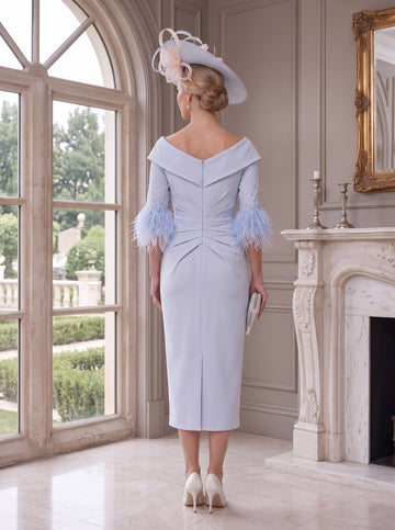 Sheath/Column V-Neck Half Sleeves Tea-Length Mother of the Bride Dresses with Feather