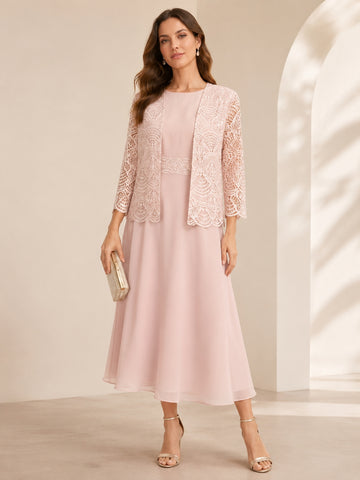 A-Line/Princess Jewel Neck Tea Length Mother of the Bride Dresses with Jacket & Lace