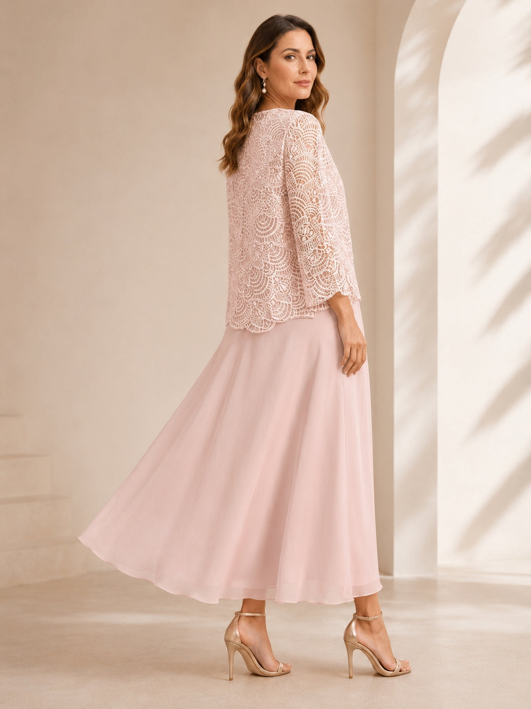 A-Line/Princess Jewel Neck Tea Length Mother of the Bride Dresses with Jacket & Lace
