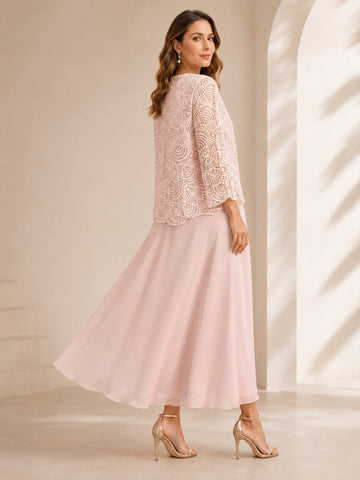A-Line/Princess Jewel Neck Tea Length Mother of the Bride Dresses with Jacket & Lace