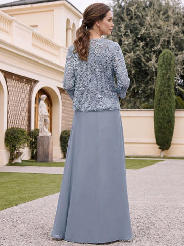 2 Pieces A-Line/Princess Square 3/4 Length Sleeves Floor-Length Mother of the Bride Dresses with Pleated & Ruffles