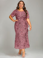 Trumpet/Mermaid Plus Scoop Half Sleeves Tea-length Mother of the Bride Dresses with Sequins & Embroidery