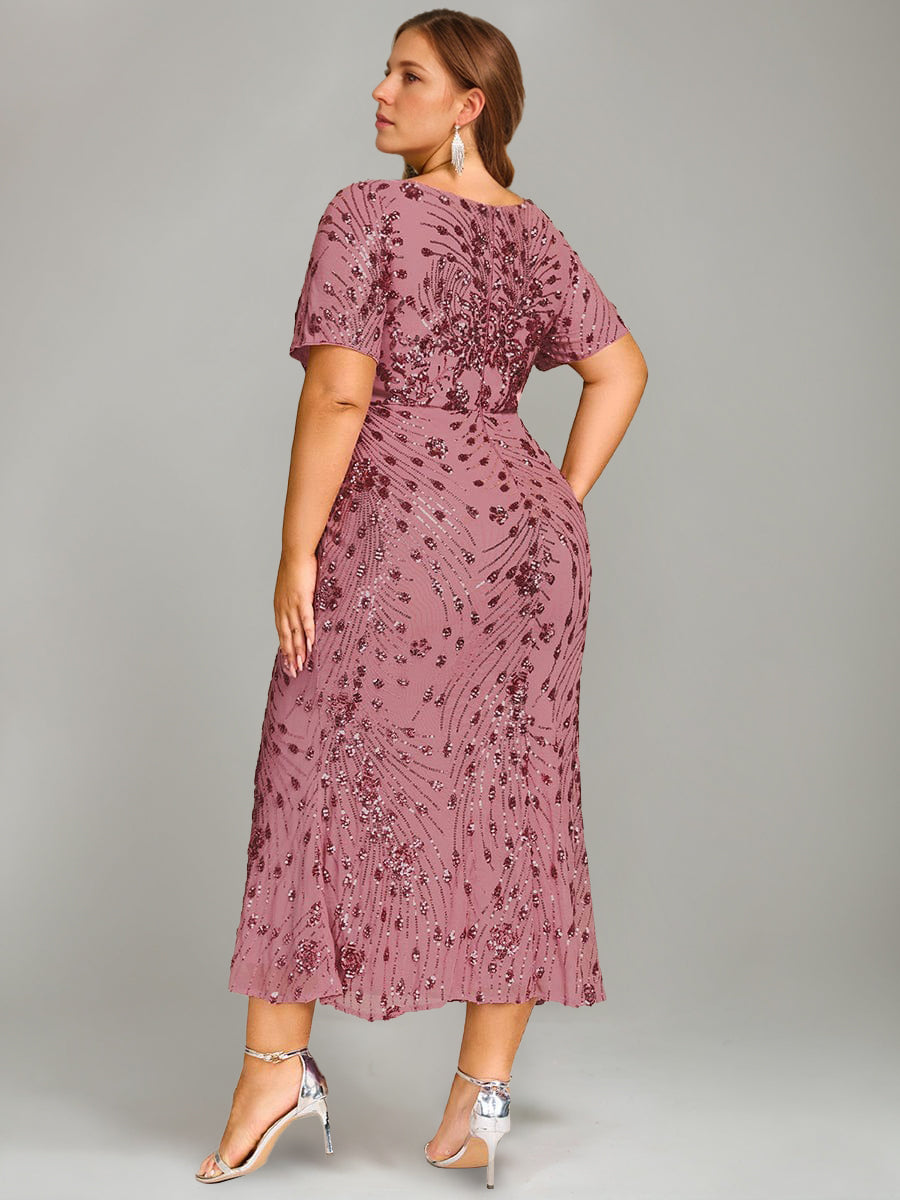 Trumpet/Mermaid Plus Scoop Half Sleeves Tea-length Mother of the Bride Dresses with Sequins & Embroidery