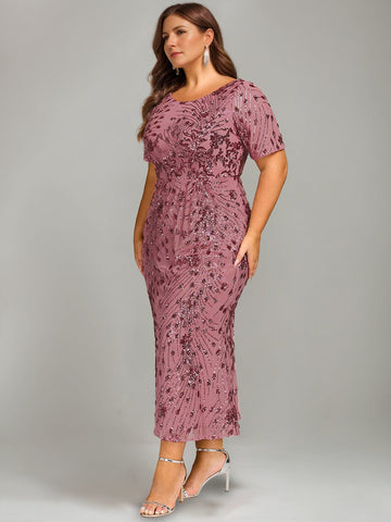 Trumpet/Mermaid Plus Scoop Half Sleeves Tea-length Mother of the Bride Dresses with Sequins & Embroidery