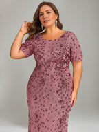 Trumpet/Mermaid Plus Scoop Half Sleeves Tea-length Mother of the Bride Dresses with Sequins & Embroidery